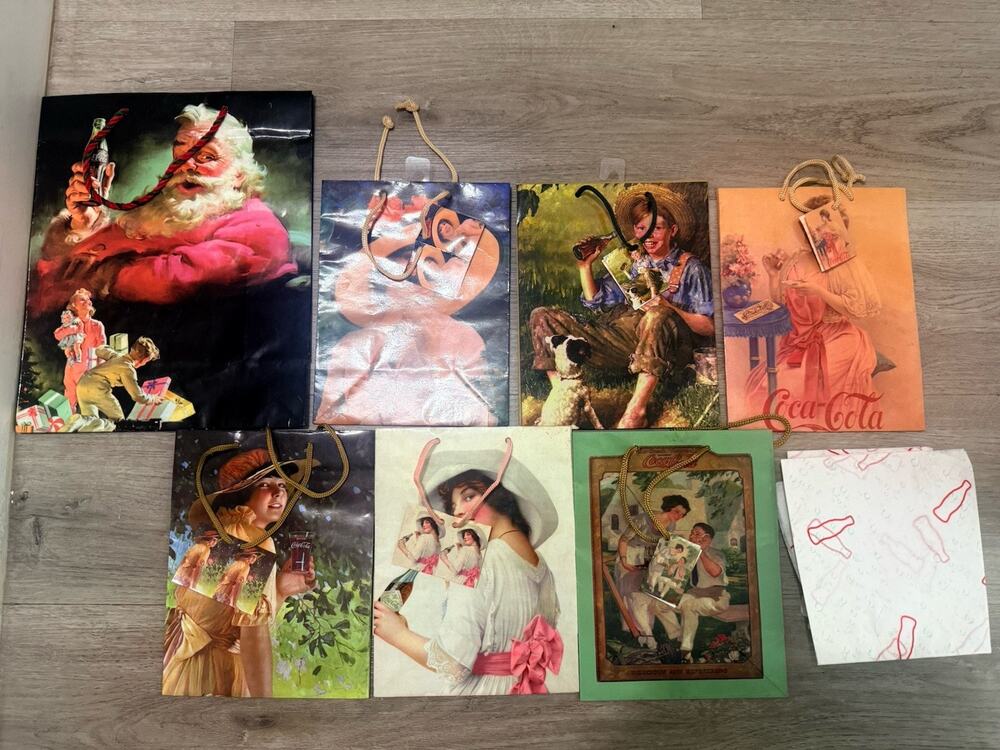 Vintage Coca-Cola Gift Bag Lot Santa Ladies Advertising Tissue Paper 7pc